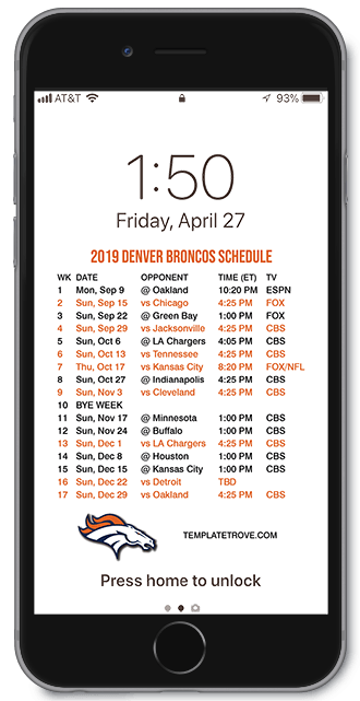 2019 Denver Broncos Lock Screen Schedule