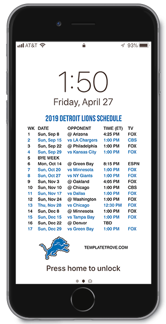 2019 Detroit Lions Lock Screen Schedule