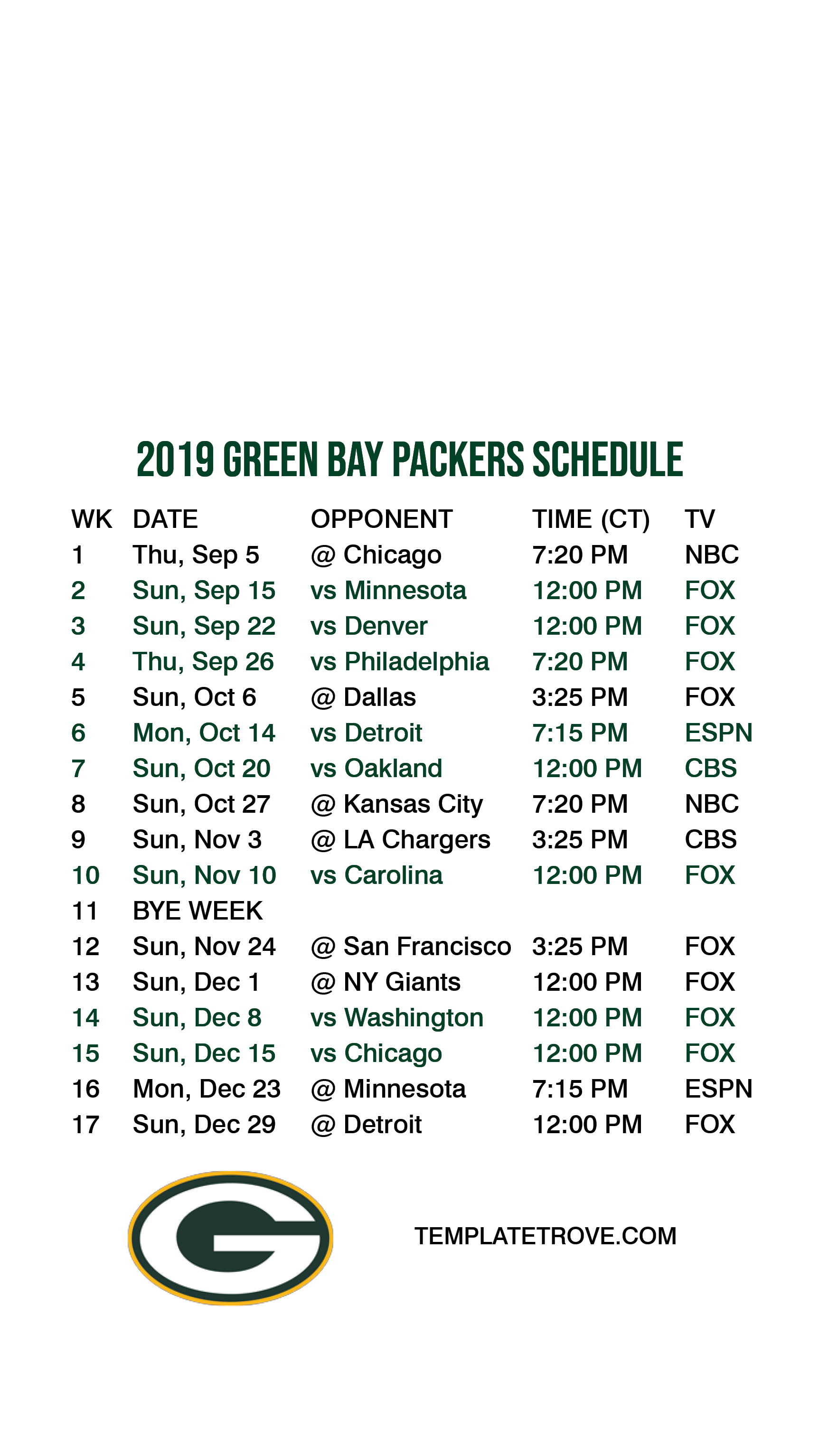 Packers Schedule Printable Printable World Holiday