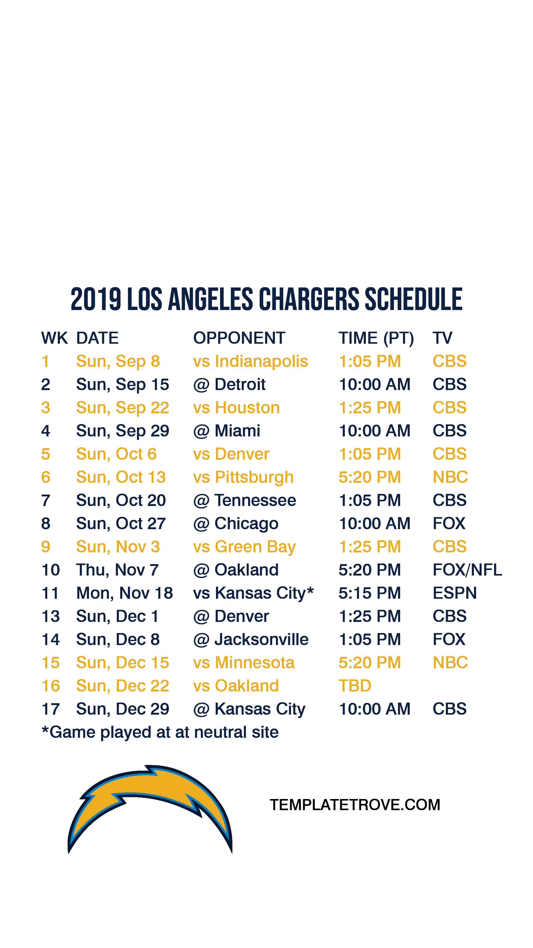 2019-2020 Los Angeles Chargers Lock Screen Schedule for iPhone 6-7-8 Plus1725 x 3067