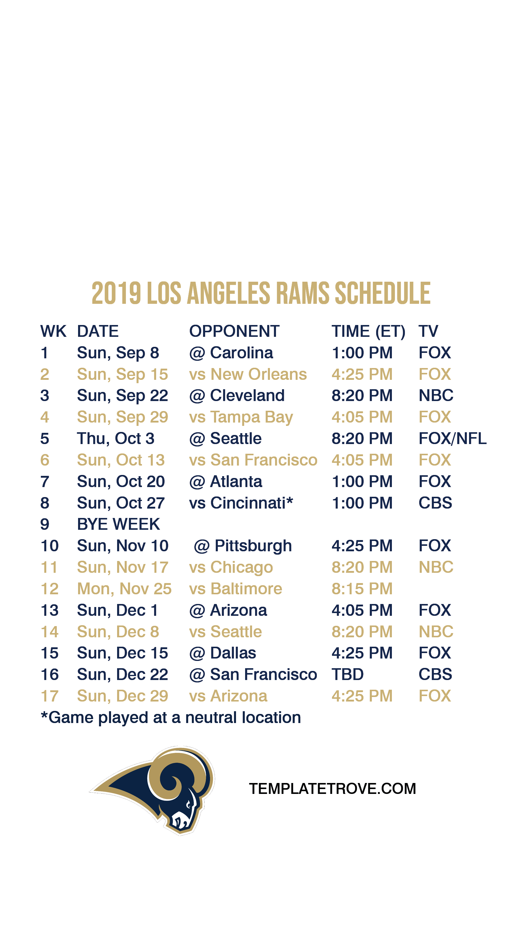 2019-2020 Los Angeles Rams Lock Screen Schedule for iPhone 6-7-8 Plus