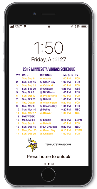 2019 Minnesota Vikings Lock Screen Schedule