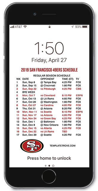 2018 San Francisco 49ers Lock Screen Schedule