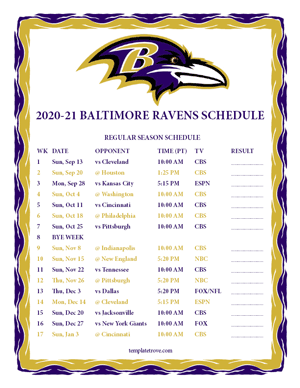 Baltimore Ravens 2020-21 Printable Schedule - Pacific Times