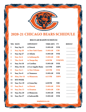 Chicago Bears 2020-21 Printable Schedule - Mountain Times