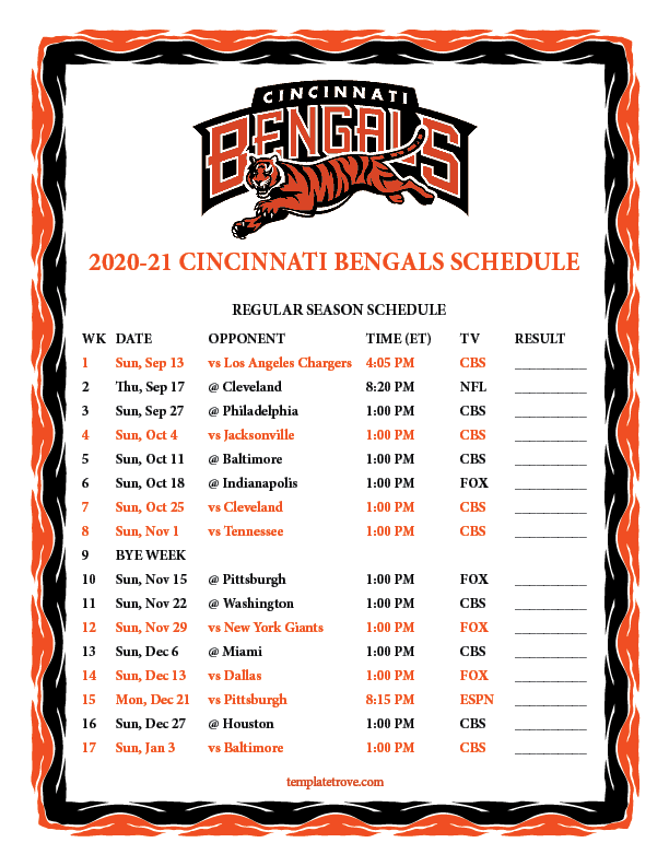 Printable 20202021 Cincinnati Bengals Schedule