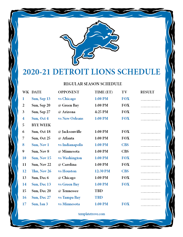 Printable 2020-2021 Detroit Lions Schedule
