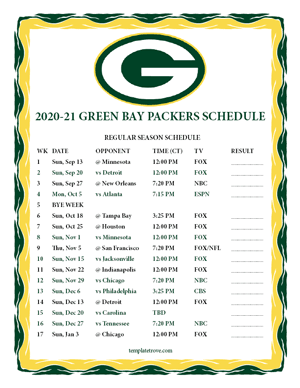 Green Bay Packers 2020-21 Printable Schedule - Central Times