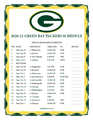 Green Bay Packers 2020-21 Printable Schedule - Mountain Times