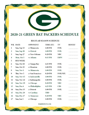 Green Bay Packers 2020-21 Printable Schedule
