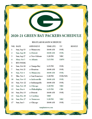 Green Bay Packers 2020-21 Printable Schedule - Pacific Times