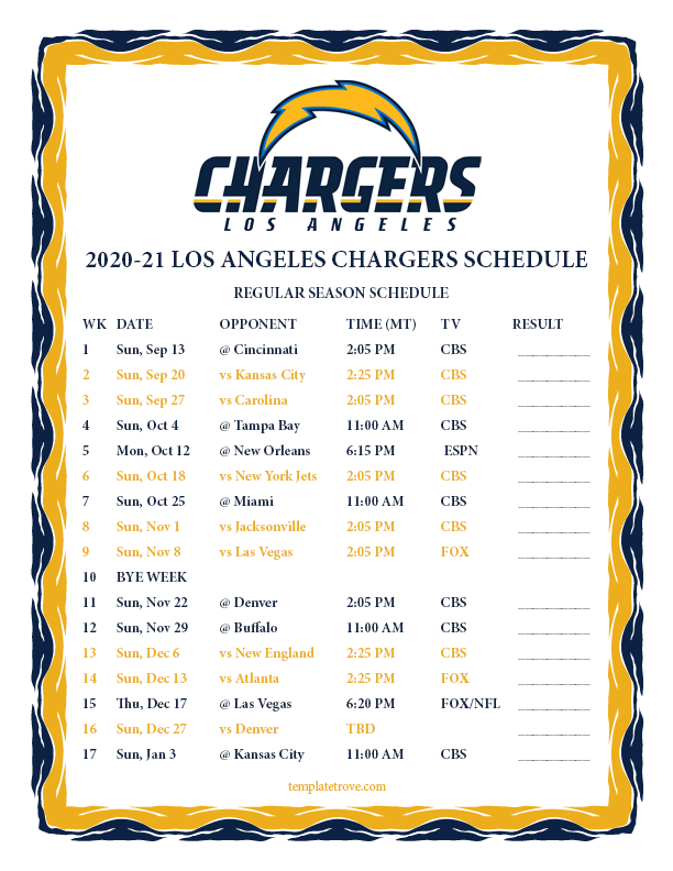Printable 2020-2021 Los Angeles Chargers Schedule
