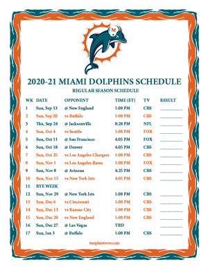 Miami Dolphins 2020-21 Printable Schedule