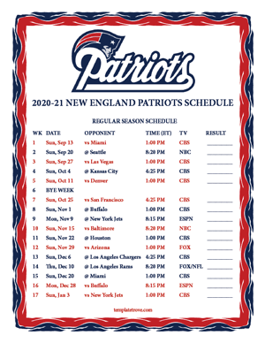 New England Patriots 2020-21 Printable Schedule