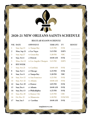 New Orleans Saints 2020-21 Printable Schedule - Pacific Times