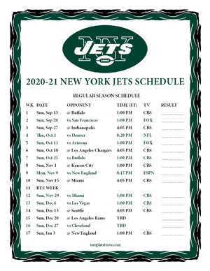 New York Jets 2020-21 Printable Schedule