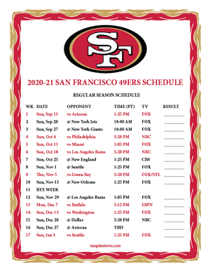 San Francisco 49ers 2020-21 Printable Schedule - Pacific Times