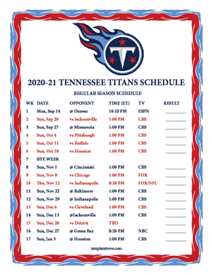 Tennessee Titans 2020-21 Printable Schedule