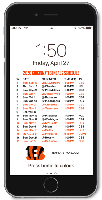 2020 Cincinnati Bengals Lock Screen Schedule