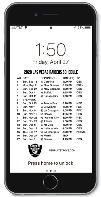 2020 Las Vegas Raiders Lock Screen Schedule
