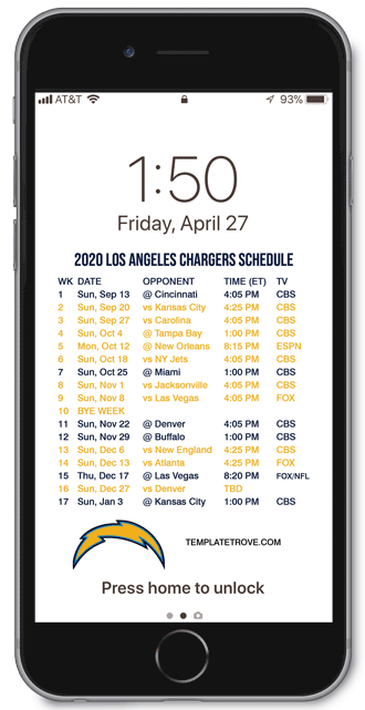 2020 Los Angeles Chargers Lock Screen Schedule