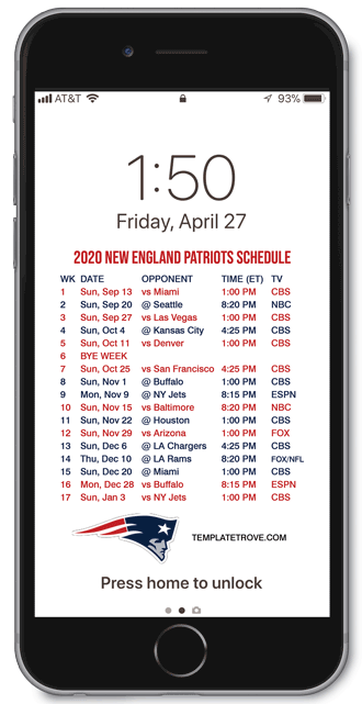 2020 New England Patriots Lock Screen Schedule