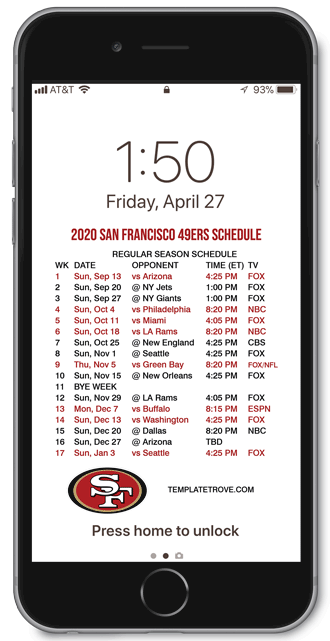 2018 San Francisco 49ers Lock Screen Schedule
