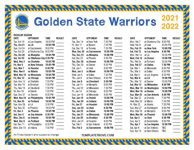 Printable 20212022 Golden State Warriors Schedule