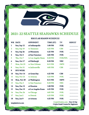Seattle Seahawks 2021-22 Printable Schedule