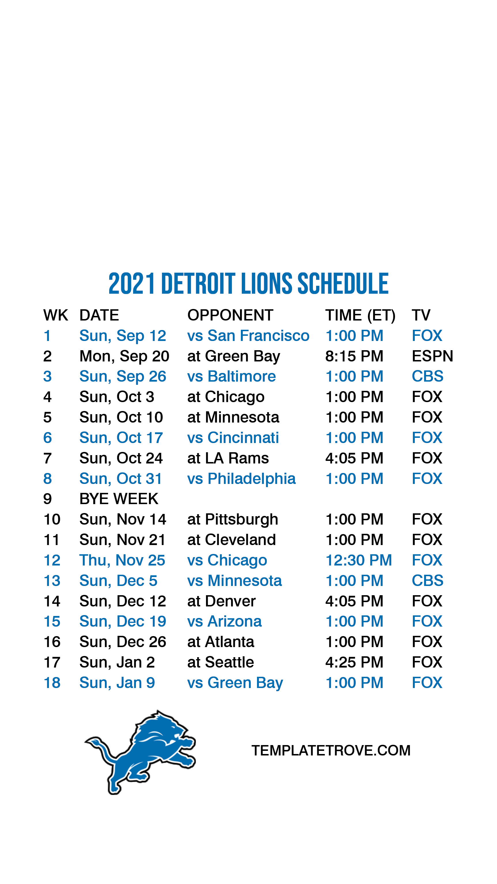 2021-2022 Detroit Lions Lock Screen Schedule for iPhone 6-7-8 Plus