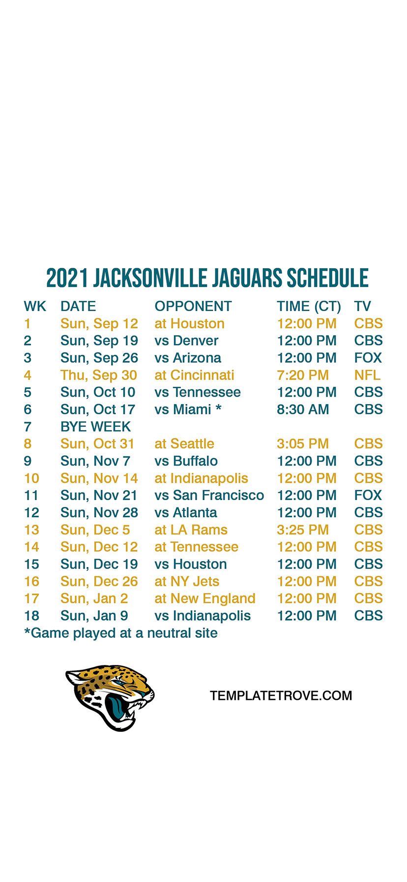 Jaguars Schedule 20212022 Printable