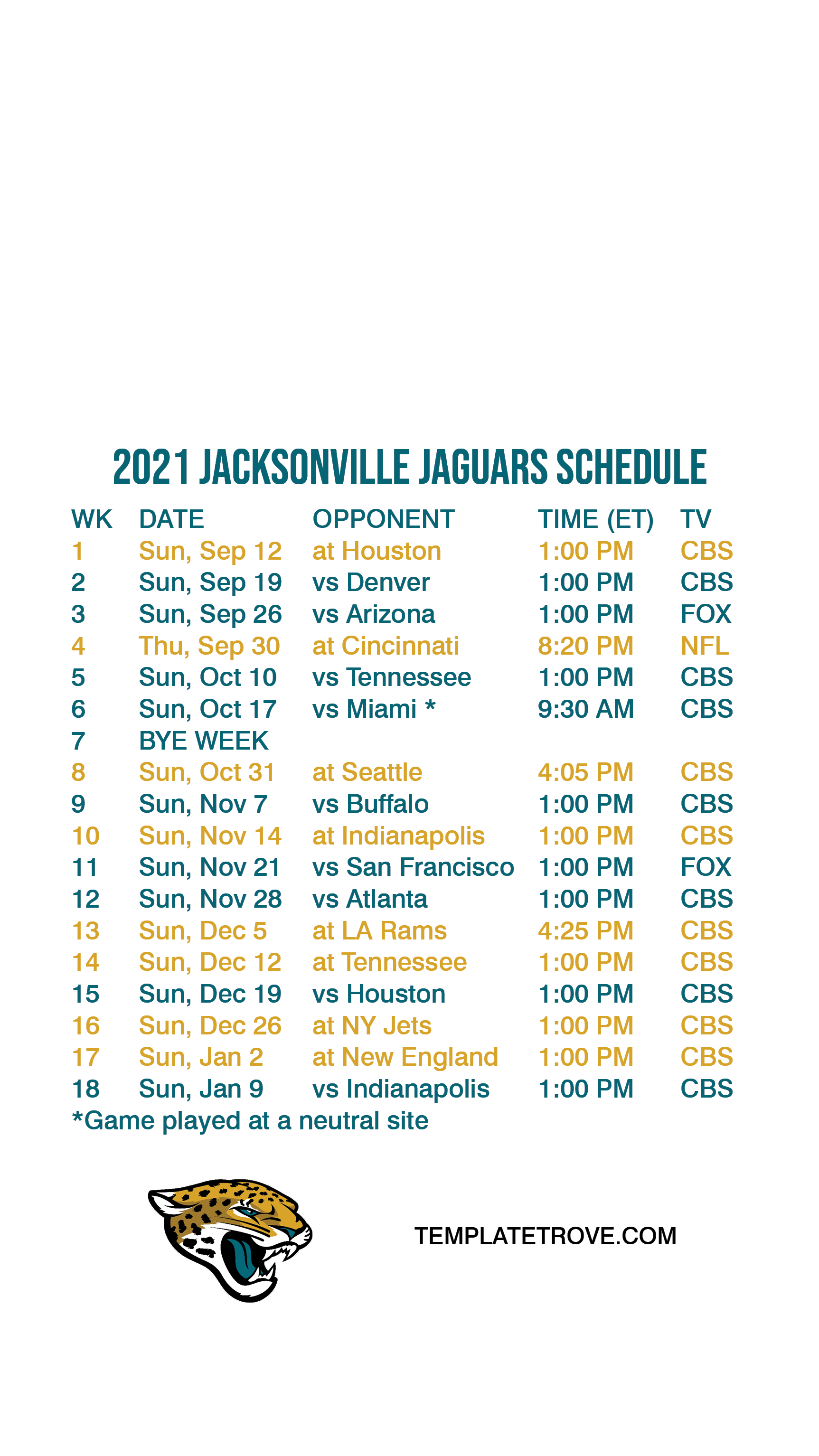 Jaguars Schedule 20212022 Printable