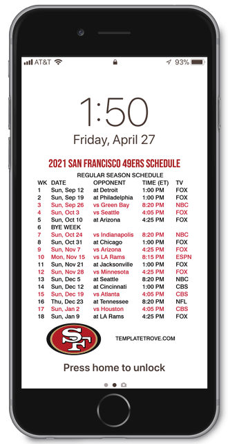 2018 San Francisco 49ers Lock Screen Schedule