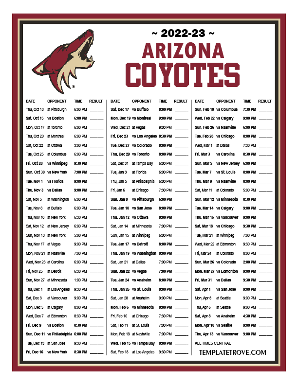 Printable 2022-2023 Arizona Coyotes Schedule