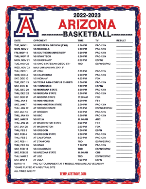 Printable 2022-2023 Arizona Wildcats Basketball Schedule
