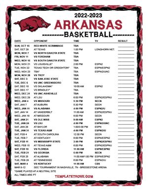 Arkansas Razorbacks Basketball 2022-23 Printable Schedule - Pacific Times