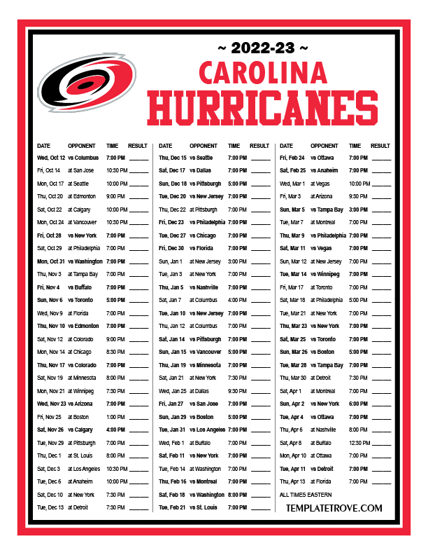 Printable 20222023 Carolina Hurricanes Schedule