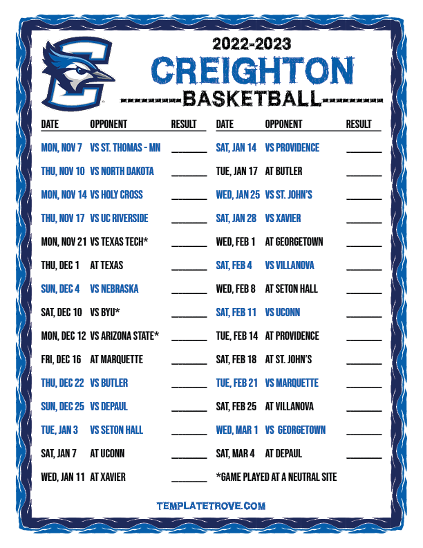 2022-2023 College Basketball Schedules - Big East