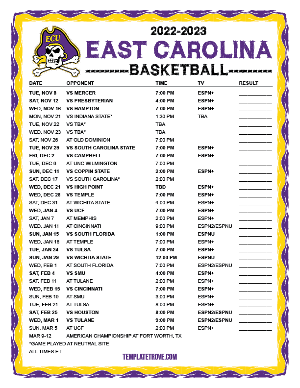 Printable 2022 2023 East Carolina Pirates Basketball Schedule