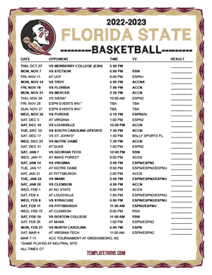 Florida State Seminoles Basketball 2022-23 Printable Schedule - Central Times