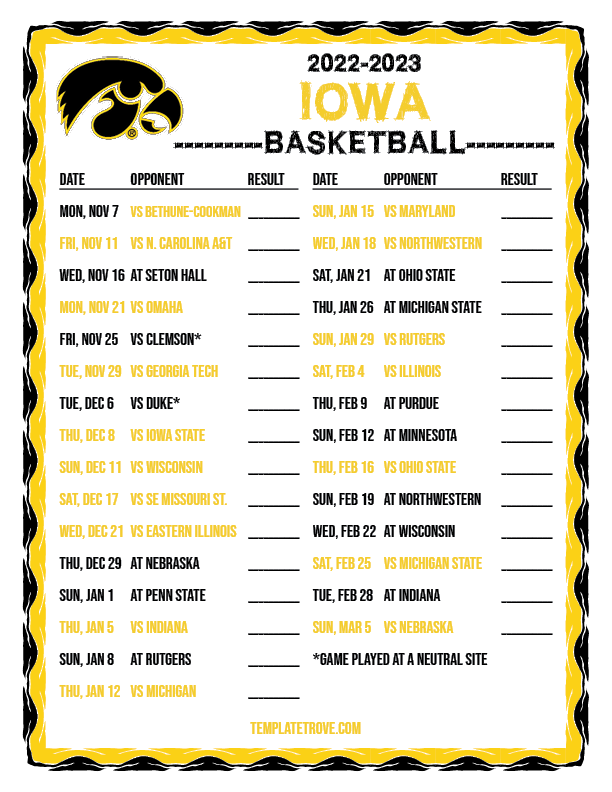 2022 2023 Printable Iowa Hawkeyes Basketball Schedule 