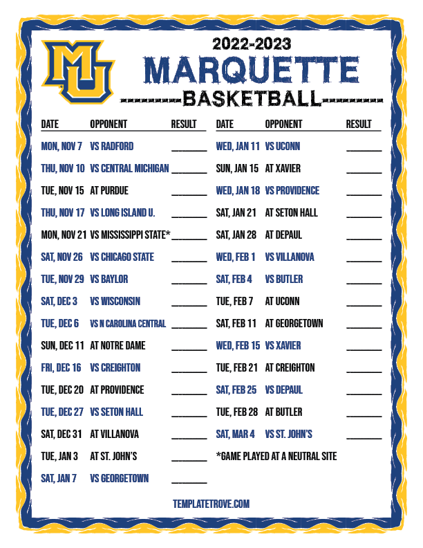 Marquette Basketball Printable Schedule Printable World Holiday