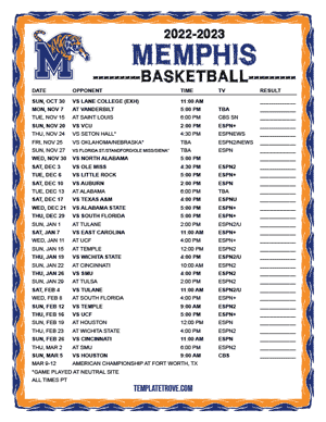 Printable 2022-2023 Memphis Tigers Basketball Schedule