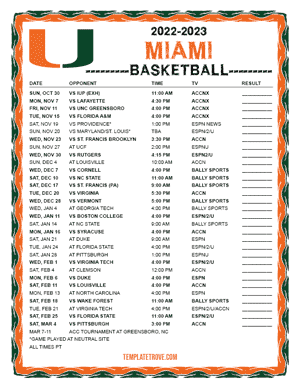 Miami Hurricanes Basketball 2022-23 Printable Schedule - Pacific Times