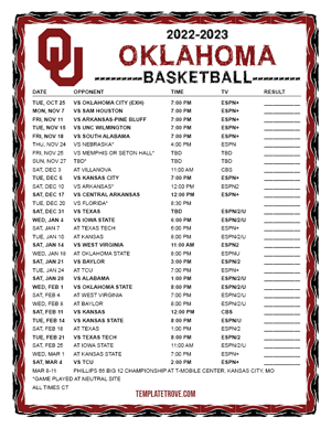 Oklahoma Sooners Basketball 2022-23 Printable Schedule - Central Times