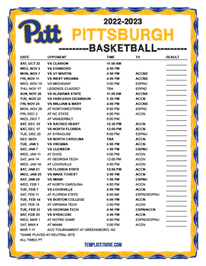 Pittsburgh Panthers Basketball 2022-23 Printable Schedule - Pacific Times
