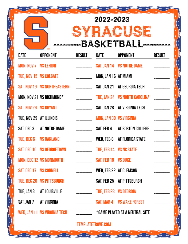 Printable Syracuse Basketball Schedule - Printable World Holiday
