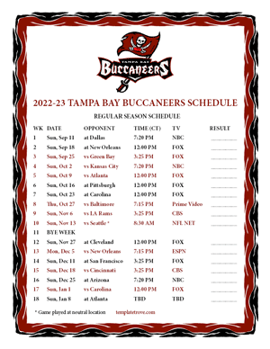 Tampa Bay Buccaneers 2022-23 Printable Schedule - Central Times