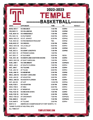 Temple Owls Basketball 2022-23 Printable Schedule