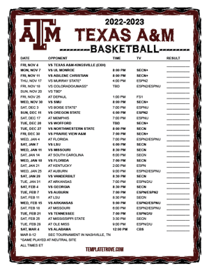 Texas A&M Aggies Basketball 2022-23 Printable Schedule